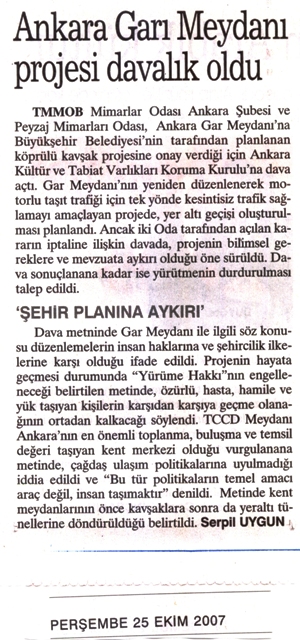 CUMHURİYET 25.10.2007 "ANKARA GARI MEYDANI PROJESİ DAVALIK OLDU"