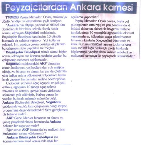 HÜRRİYET ANKARA 24.04.2007 "PEYZAJ MİMARLARINDAN ANKARA KARNESİ"